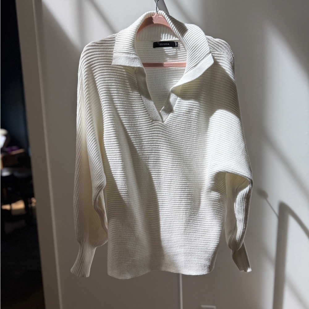 Amazon Cream Ribbed V-Neck Collared Sweater